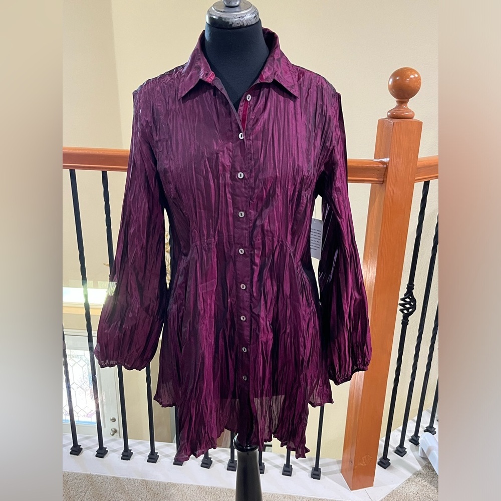 COLDWATER CREEK Crinkled Button-Front Tunic Blouse in Deep Wine WOMEN SIZE PL